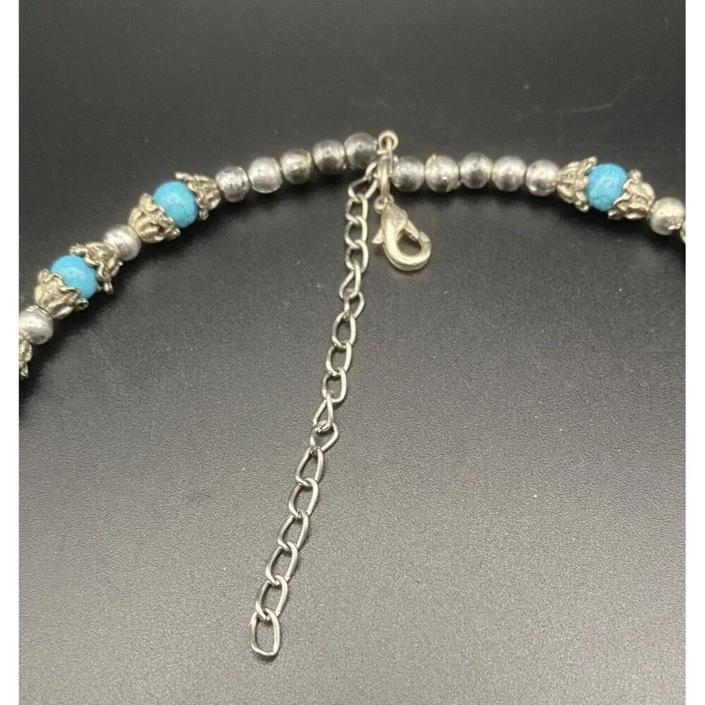Faux Turquoise Beads Necklace Tibetan Silver Leaves Tribal Lady's Torque 14-17" - Picture 5 of 8